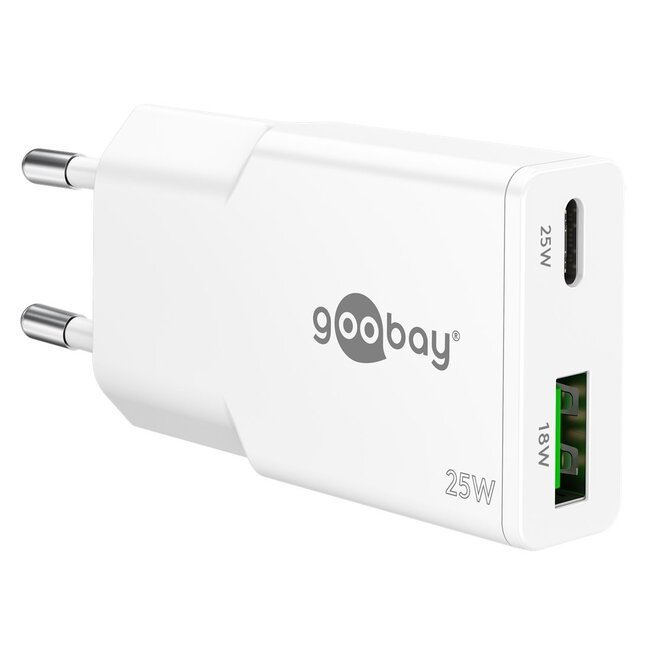 Goobay slim USB lader | USB-C PD + USB-A QC | GaN | 25W | wit