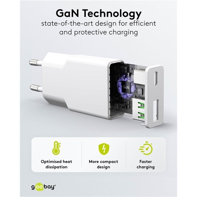 Goobay slim USB lader | USB-C PD + USB-A QC | GaN | 25W | wit