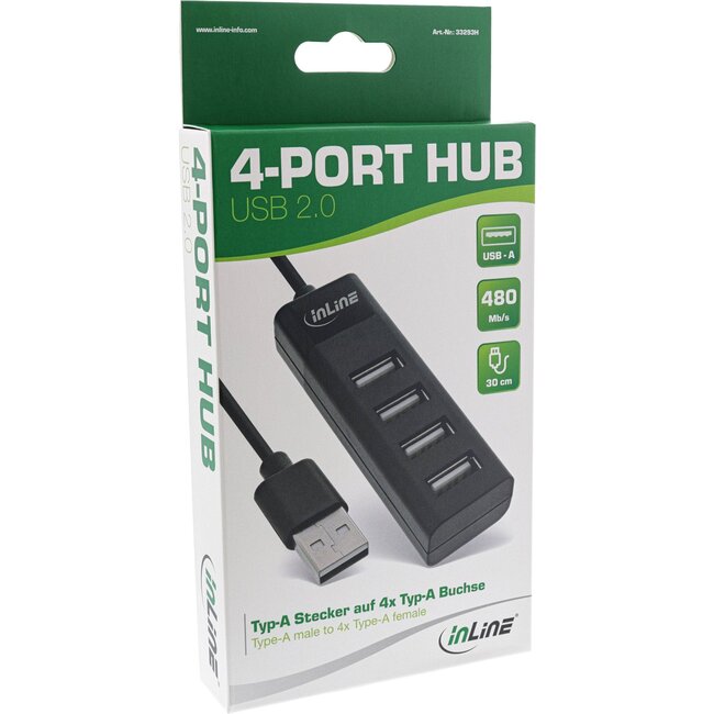 InLine USB hub (USB-A) | 4x USB-A | USB2.0 | compact | 0,30 meter