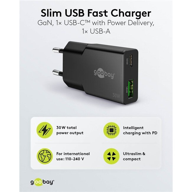 Goobay slim USB lader | USB-C PD + USB-A QC | GaN | 30W | zwart