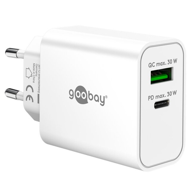 Goobay USB lader | USB-C PD + USB-A QC | GaN | 30W | wit