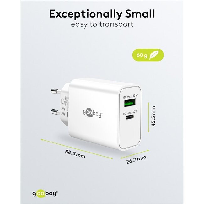 Goobay USB lader | USB-C PD + USB-A QC | GaN | 30W | wit