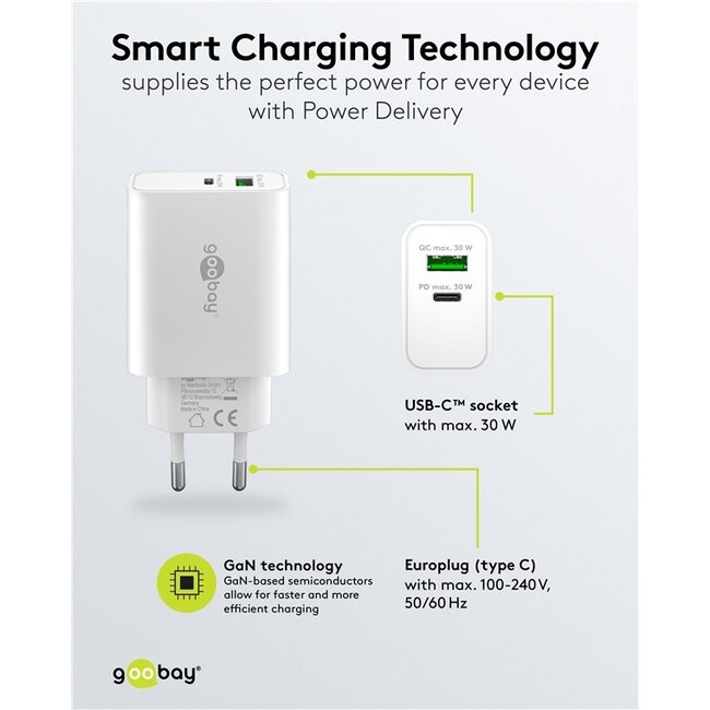 Goobay USB lader | USB-C PD + USB-A QC | GaN | 30W | wit