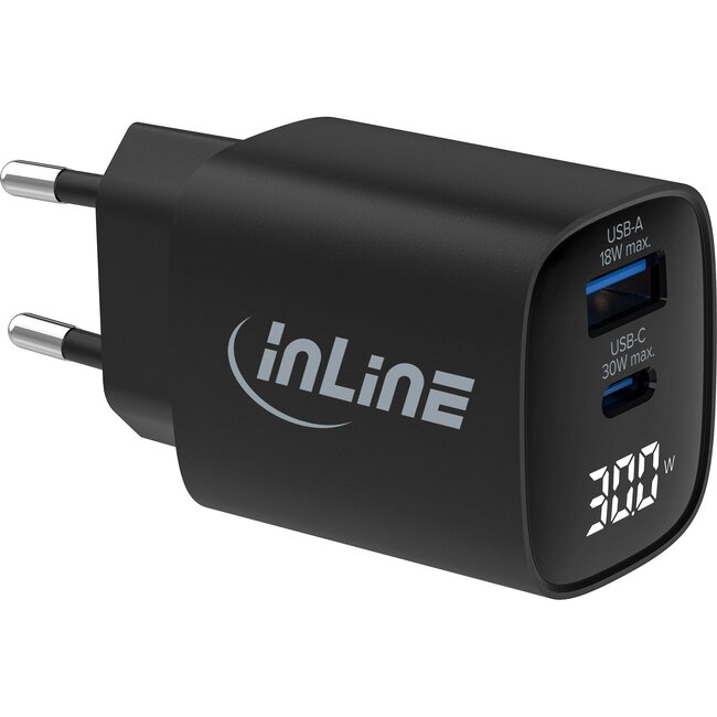 InLine USB lader | USB-C PD + USB-A QC | GaN | 30W | display | zwart