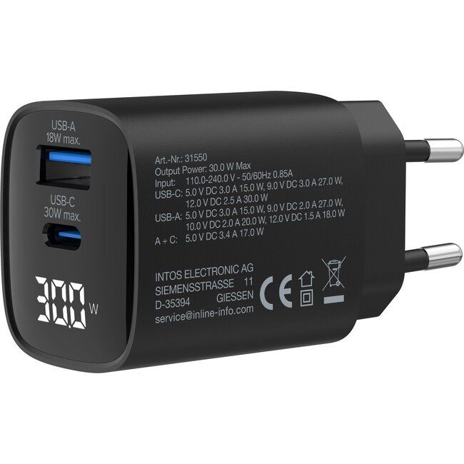 InLine USB lader | USB-C PD + USB-A QC | GaN | 30W | display | zwart