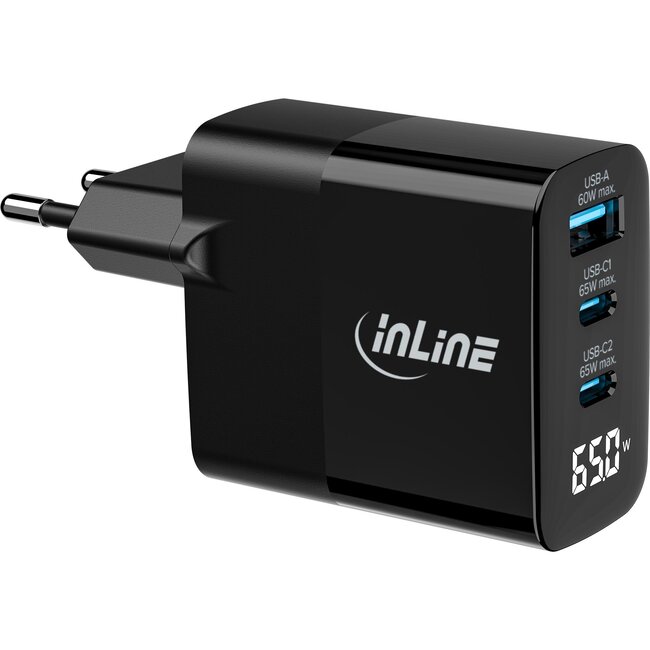 InLine USB lader | 2x USB-C PD + 1x USB-A QC | GaN | 65W | display | zwart