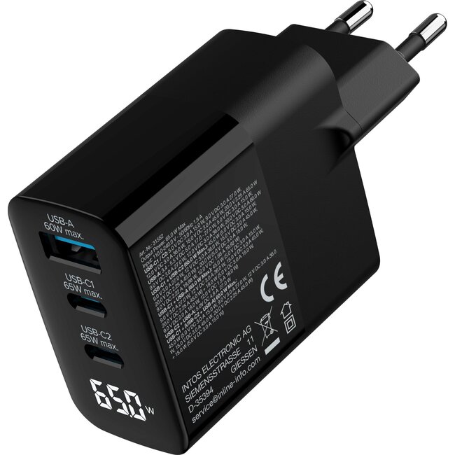 InLine USB lader | 2x USB-C PD + 1x USB-A QC | GaN | 65W | display | zwart