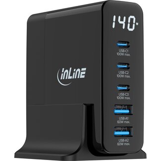 InLine InLine USB lader | 3x USB-C PD + 2x USB-A QC | GaN | 140W | display | zwart