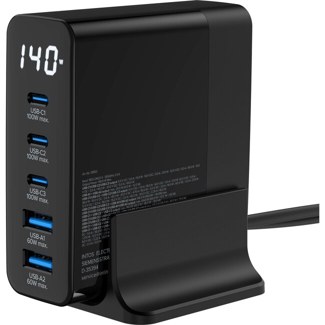 InLine USB lader | 3x USB-C PD + 2x USB-A QC | GaN | 140W | display | zwart