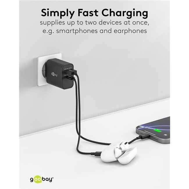 Goobay USB lader | USB-C PD + USB-A QC | GaN | 30W | zwart