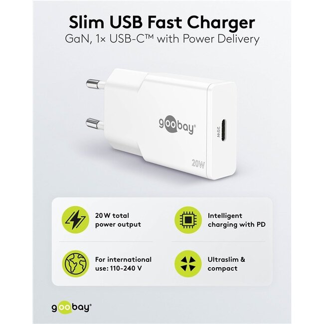 Goobay slim USB lader | USB-C PD | GaN | 20W | wit