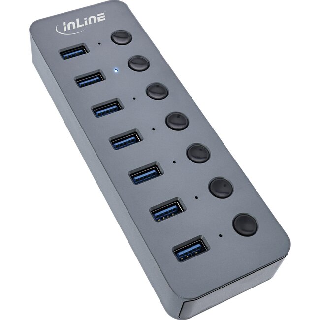 InLine USB hub (USB-A/USB-C) | 7x USB-A + 7 schakelaars | USB3.0 | externe voeding | aluminium | 1 meter