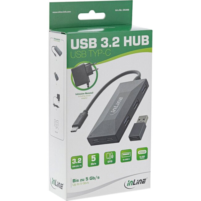 InLine USB hub (USB-A/USB-C) | 3x USB-A + 2x USB-C | USB3.0 5 Gbps | externe voeding | 0,15 meter