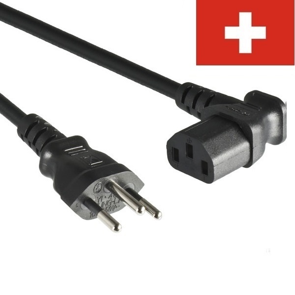 Apparaatsnoer met haakse C13 plug en rechte Zwitserse (type J) stekker - 3x 0,75mm / zwart - 1 meter