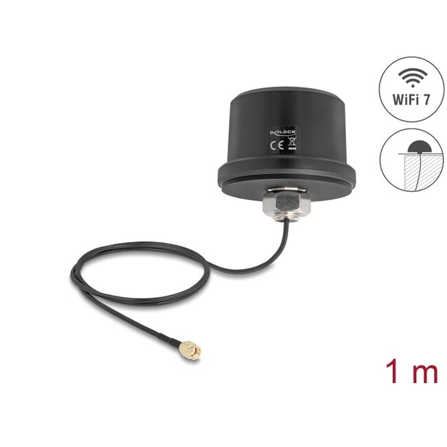 Delock WiFi 7 Antenna RP-SMA plug 3.1 - 3.5 dBi omnidirectional with connection cable ULA100 1 m roof mounting outdoor black
