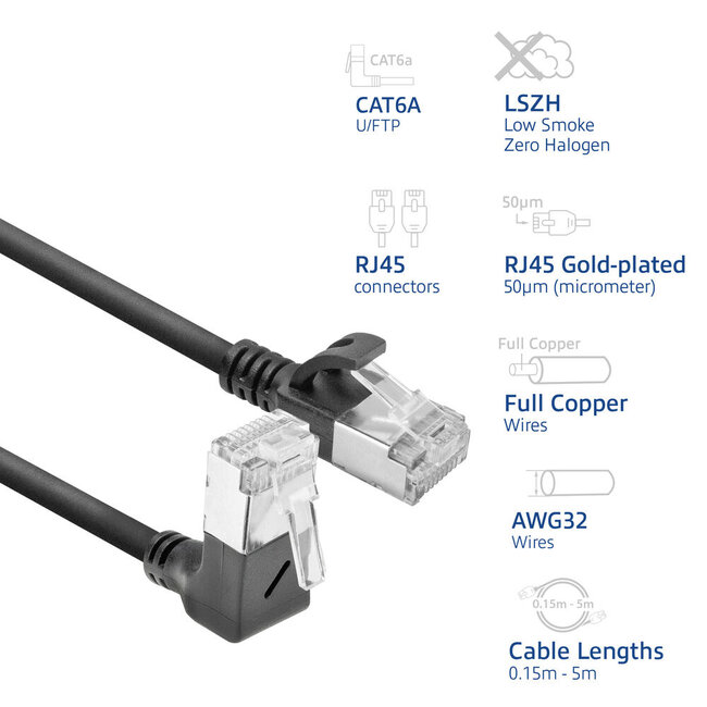 UFTP CAT6a slimline netwerkkabel | haaks (boven) / recht | LSZH | zwart | 0,15 meter