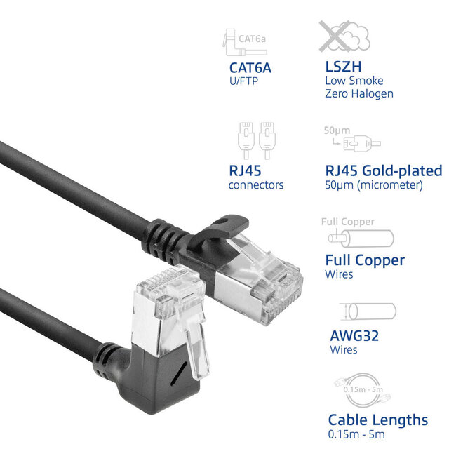 UFTP CAT6a slimline netwerkkabel | haaks (boven) / recht | LSZH | zwart | 3 meter