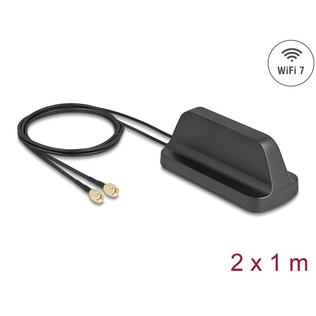 Delock WiFi 7 Antenna 2 x RP-SMA plug 2.4 - 4.0 dBi omnidirectional with magnetic base and connection cable ULA100 1 m outdoor black