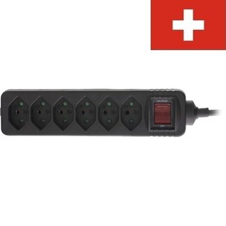InLine Stekkerdoos met 6 contacten en schakelaar | Type J / Zwitserland | zwart | 1,5 meter