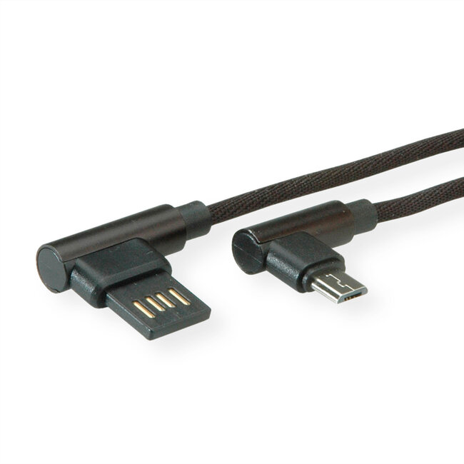 ROLINE USB 2.0 Kabel, A reversibel male  - Micro B (90° hoekig) male, zwart, 0,8 m