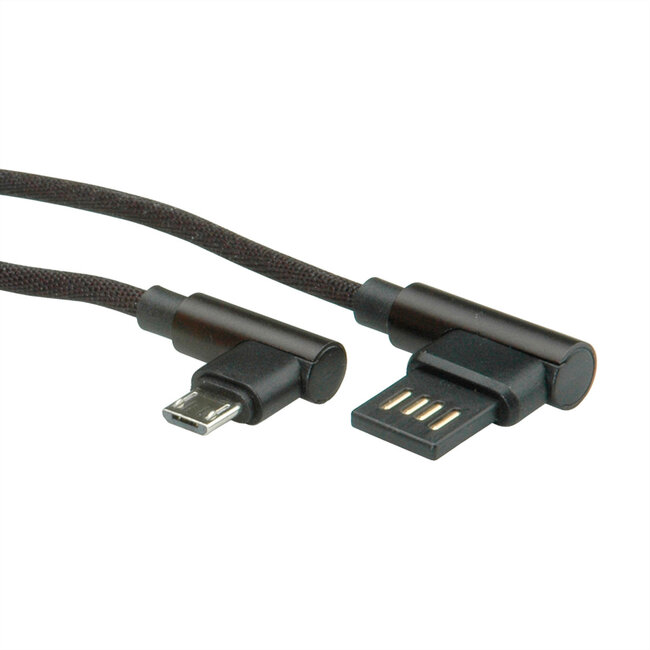 ROLINE USB 2.0 Kabel, A reversibel male  - Micro B (90° hoekig) male, zwart, 0,8 m