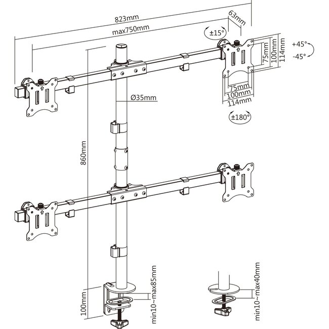 InLine bureaubeugel voor 4 monitoren tot 32 inch | 2x crossbar | full motion