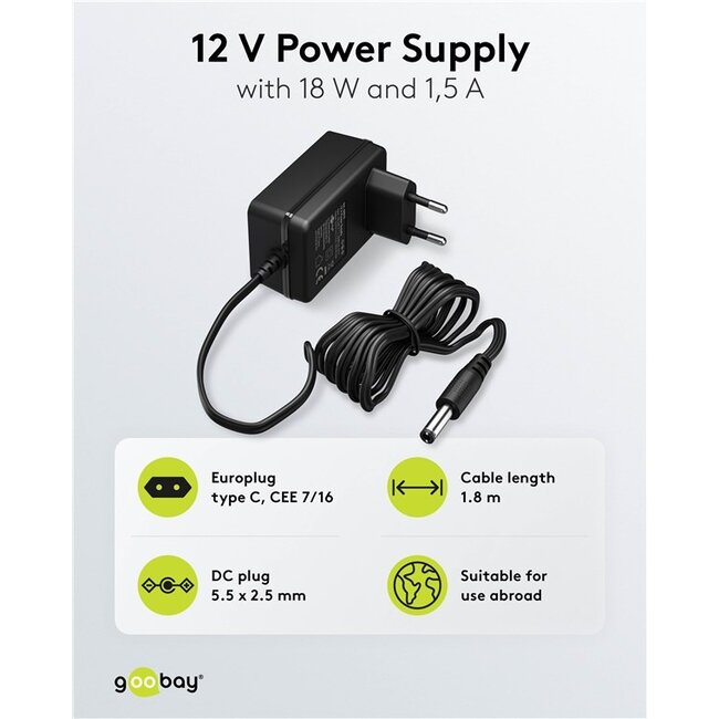 Goobay voedingsadapter | 12V DC | 1,5A | 18W | 5,5 x 2,5mm | 1,8 meter