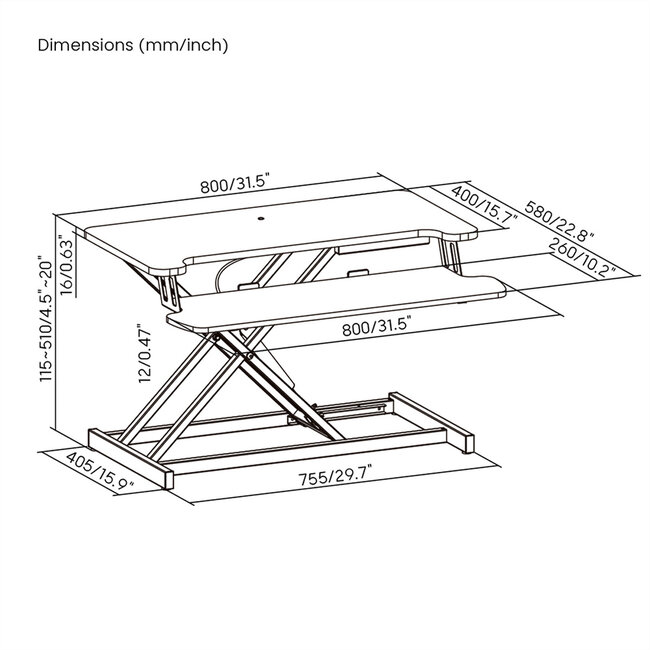 VALUE in hoogte verstelbare werkplek, 800 x 400mm, zwart