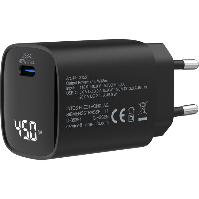 InLine USB lader | USB-C PD | GaN | 45W | display | zwart