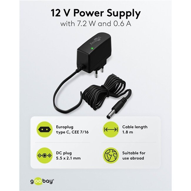 Goobay voedingsadapter | 12V DC | 0,6A | 7,2W | 5,5 x 2,1mm | 1,8 meter
