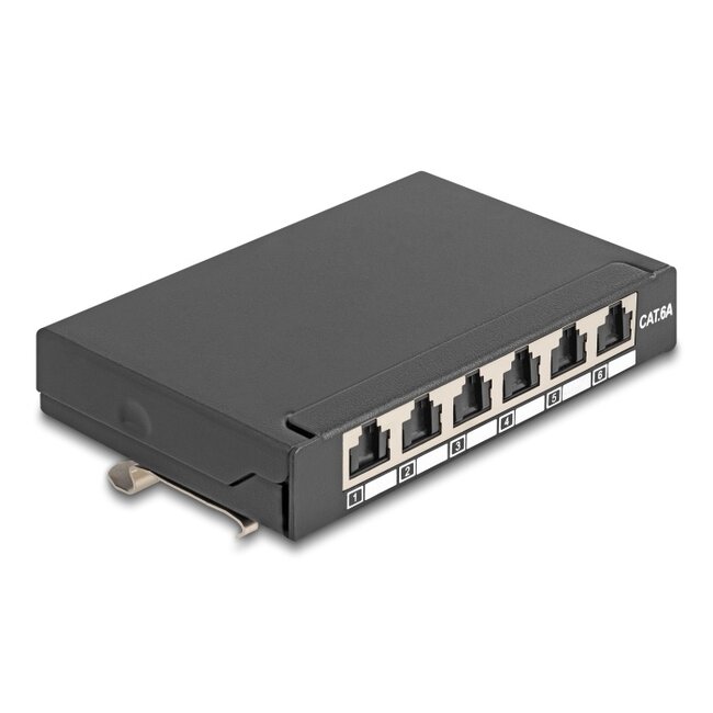 Delock Mini Desktop Patch Panel RJ45 jack 6 port Cat.6A shielded black - for mounting on a table, wall or DIN rail