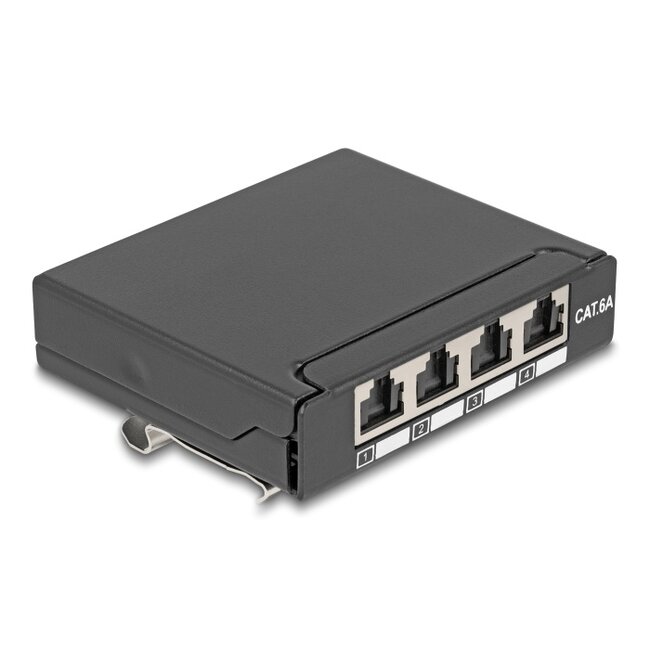 Delock Mini Desktop Patch Panel RJ45 jack 4 port Cat.6A shielded black - for mounting on a table, wall or DIN rail