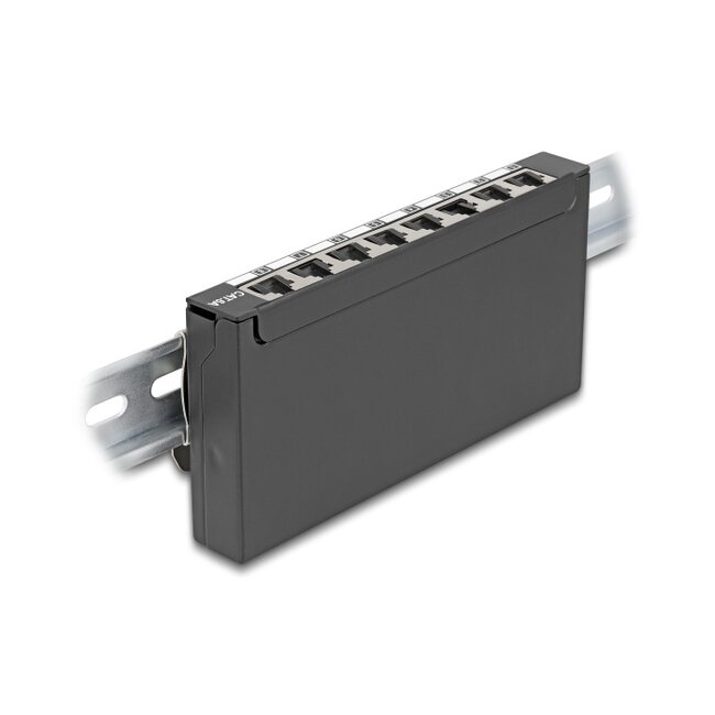 Delock Mini Desktop Patch Panel RJ45 jack 8 port Cat.6A shielded black - for mounting on a table, wall or DIN rail
