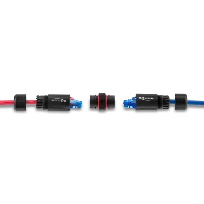 Delock Cable Connector RJ45 jack to RJ45 jack Cat.6 with M16 thread and bayonet lock IP68 dust and waterproof