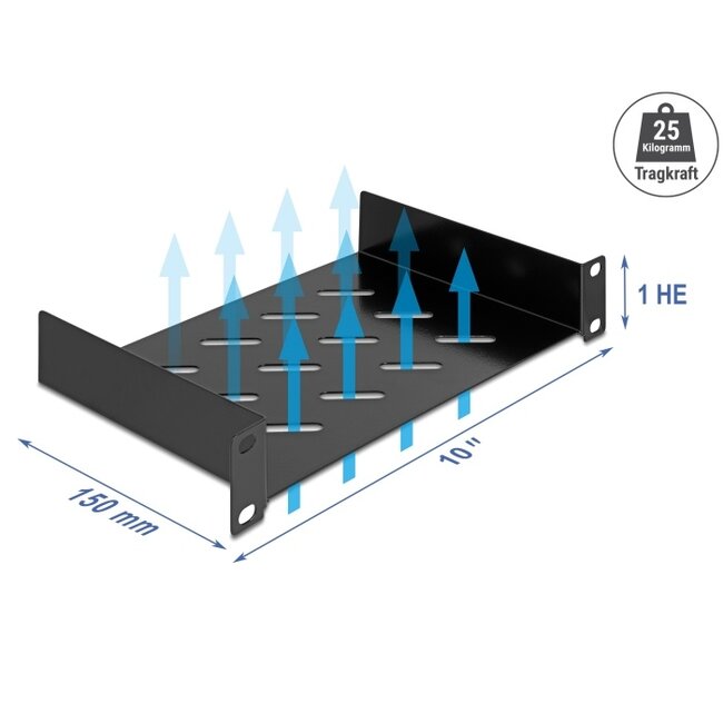 Delock 10″ 1U Shelf with ventilation slots up to 150 mm deep max. 25 kg load capacity
