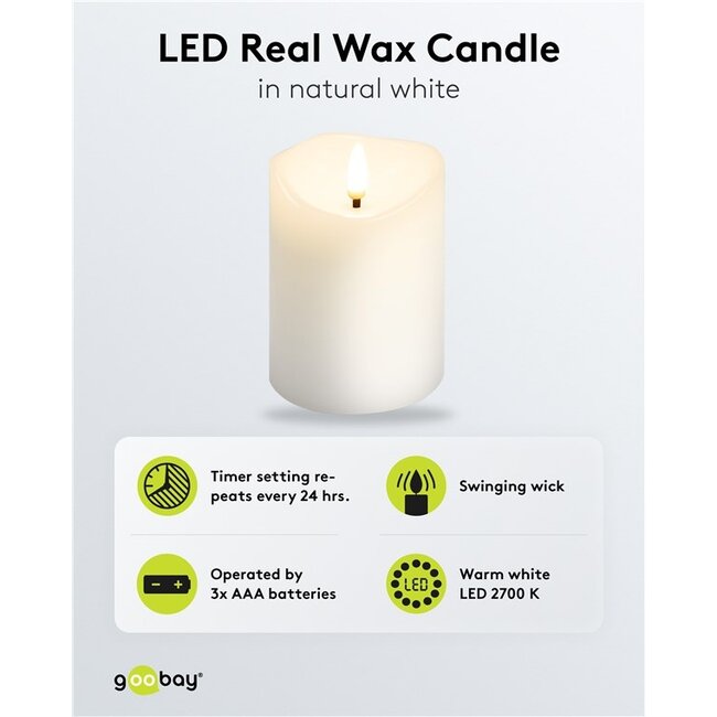 Goobay LED Real Wax Candle, white, 7.5 x 10 cm