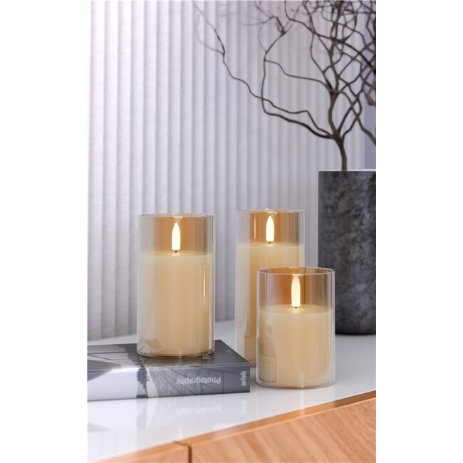 Goobay Set of 3 LED Real Wax Candles in Glass, Gold-Transparent