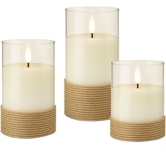 Goobay Goobay Set of 3 LED Real Wax Candles in Glass, White, Wrapped with Hemp