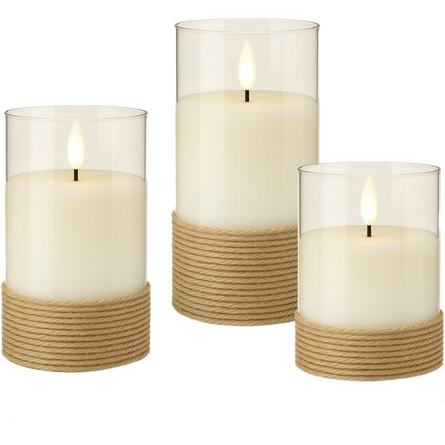 Goobay Set of 3 LED Real Wax Candles in Glass, White, Wrapped with Hemp
