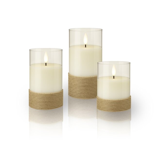 Goobay Set of 3 LED Real Wax Candles in Glass, White, Wrapped with Hemp