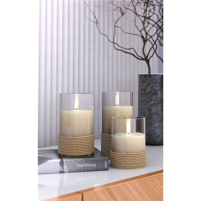 Goobay Set of 3 LED Real Wax Candles in Glass, White, Wrapped with Hemp