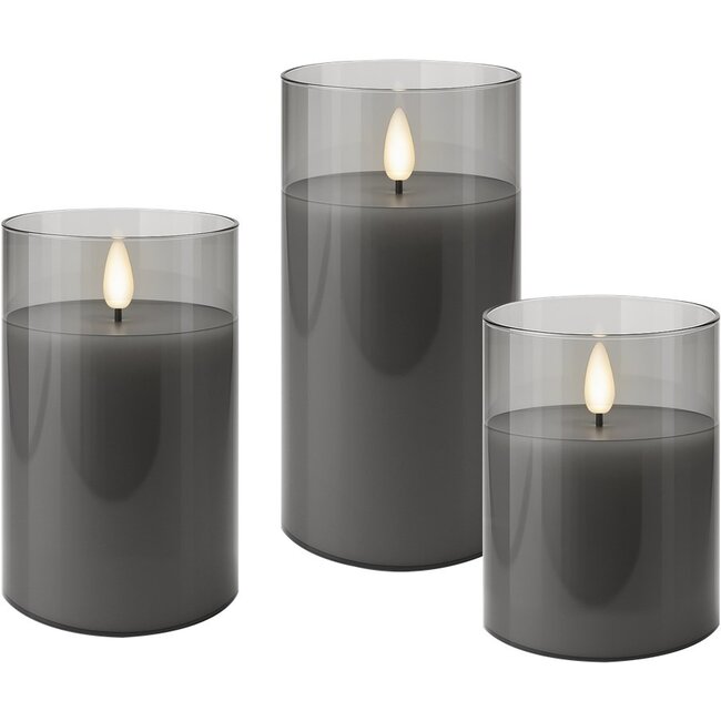 Goobay Set of 3 LED Real Wax Candles in Glass, Grey-Transparent