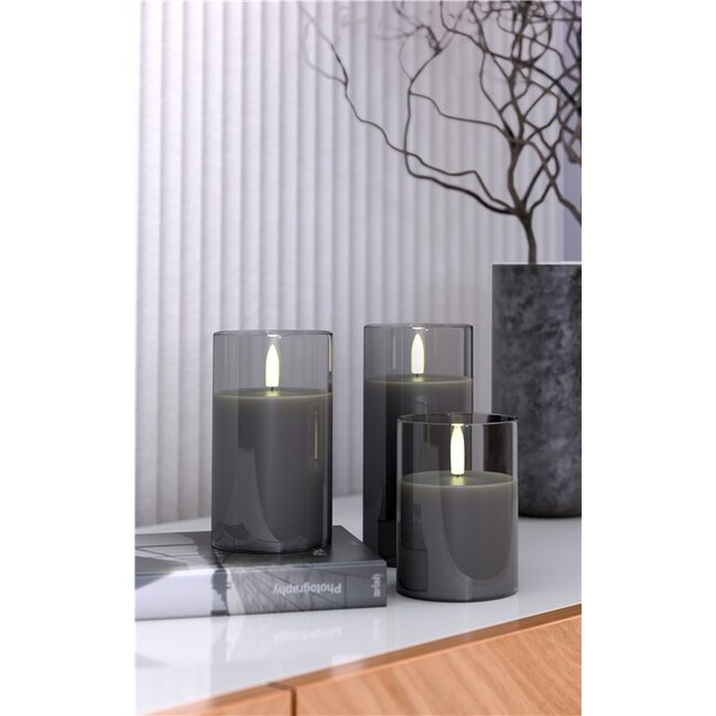 Goobay Set of 3 LED Real Wax Candles in Glass, Grey-Transparent