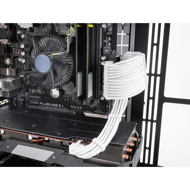 Delock PSU Extension Cable Set 30 cm 5 pieces sleeved with cable combs (1 x 24 pin ATX, 1 x 12 + 4 pin 12VHPWR PCIe 5.0, 1 x 4 + 4 pin EPS, 2 x 6 + 2 pin PCIe) white