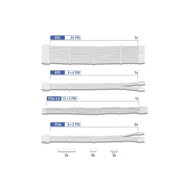 Delock PSU Extension Cable Set 30 cm 5 pieces sleeved with cable combs (1 x 24 pin ATX, 1 x 12 + 4 pin 12VHPWR PCIe 5.0, 1 x 4 + 4 pin EPS, 2 x 6 + 2 pin PCIe) white