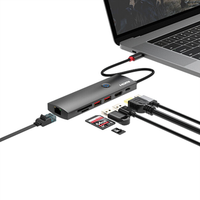 ROLINE USB 3.2 Gen2 Typ C Multiport Dockingstation, HDMI 4K60, 2x USB 3.2 Gen2, 1x USB C PD, 1x Gigabit Eth., 1x SD/microSD Card Reader