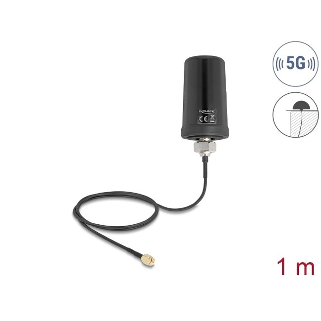 Delock 5G LTE GNSS WiFi 6 Antenna SMA plug 1.1 - 4.0 dBi omnidirectional with connection cable ULA100 1 m roof mounting outdoor black