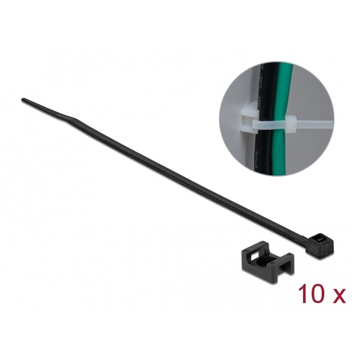 Tie-wraps 200 x 3,6mm (10 stuks) met montagehouder (10 stuks) / zwart - UV resistent | DeLOCK