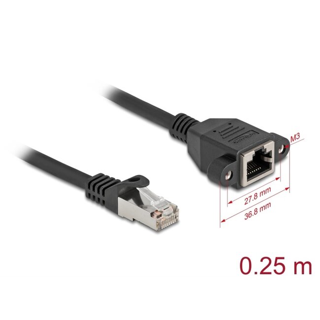 Delock Network Extension Cable S/FTP RJ45 plug to RJ45 jack Cat.6A 0.25 m flat design black