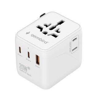 Gembird Universele reisstekker met USB lader, 20 W, wit